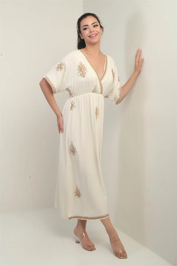 Women's Wrap Neckline Back Lace-Up Embroidered Long Dress