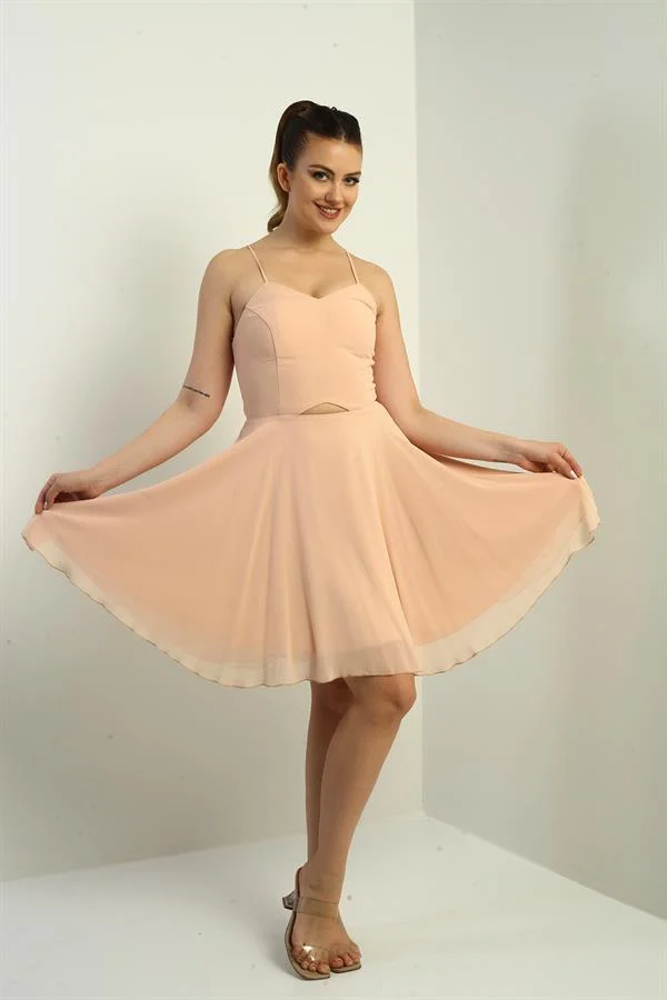 Women's Strappy, Back-Tie, Front-Opening, Lined Chiffon Short Flared Dress