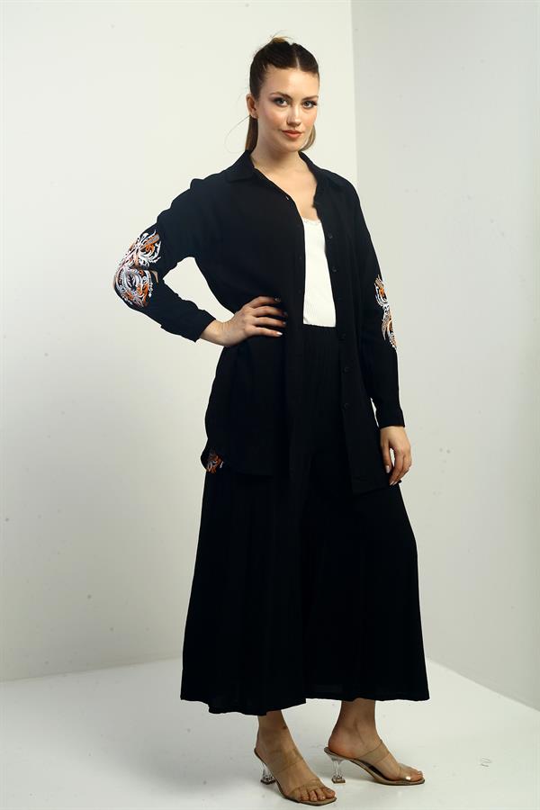 Women's Side Slit Tunic Shirt, Elastic Waist Pocketed Palazzo Pants, Embroidered Oversize 2-Piece Set