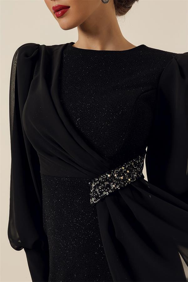 Beli Taş Aksesuarlı Likralı Şifon Detaylı Astarlı Uzun Simli Geniş Beden Aralıklı Elbise