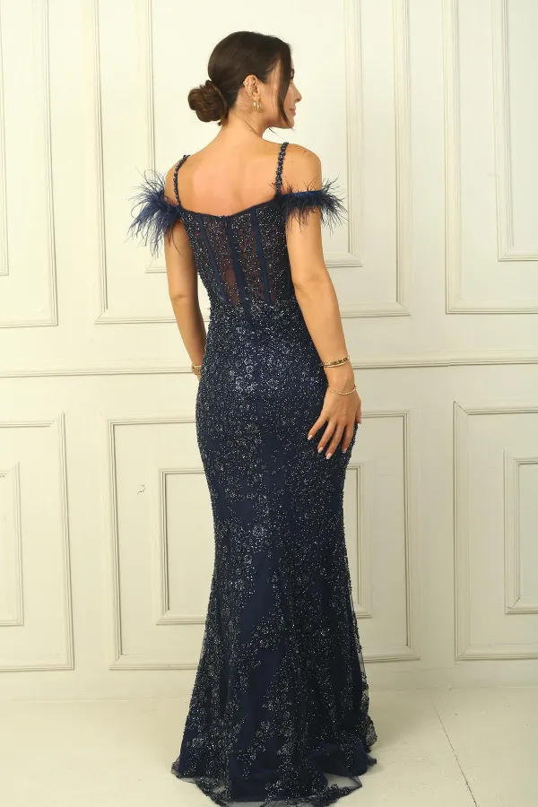 Women's Thin Strapped Underwired Long Dress with Transparent Lining and Beaded Feather Details