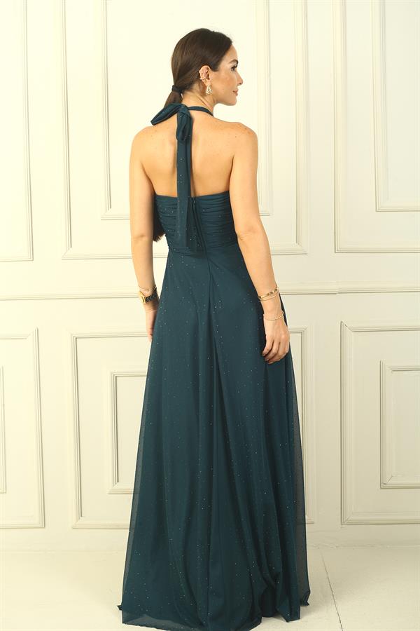 Kadın Boyundan Bağlamalı Taş Baskılı Astarlı Uzun Tül Elbise