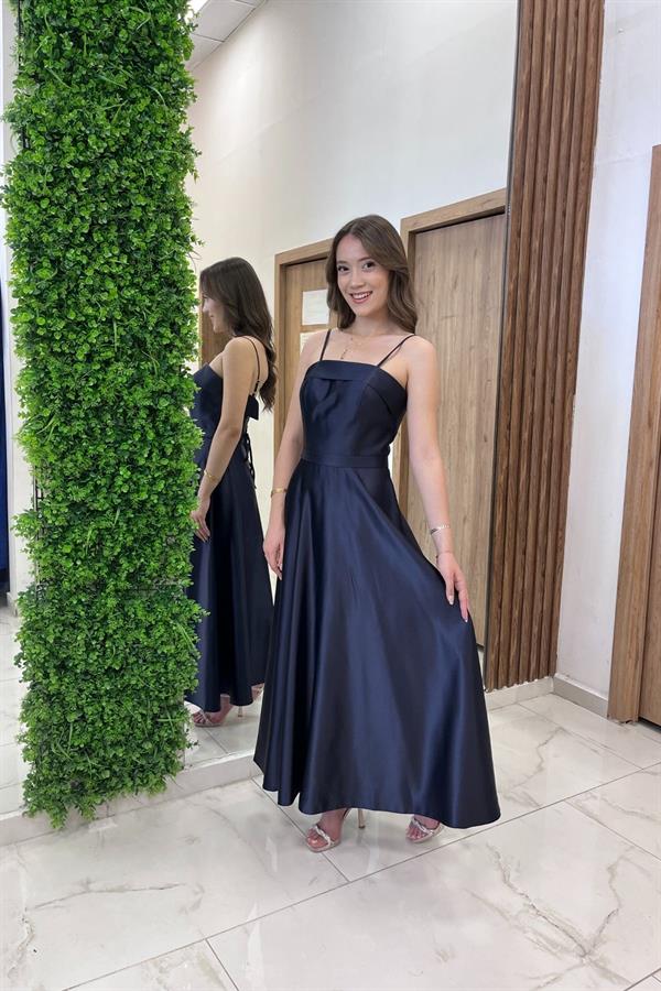 Kadın İnce Askılı Astarlı Cepli Midi Saten Elbise