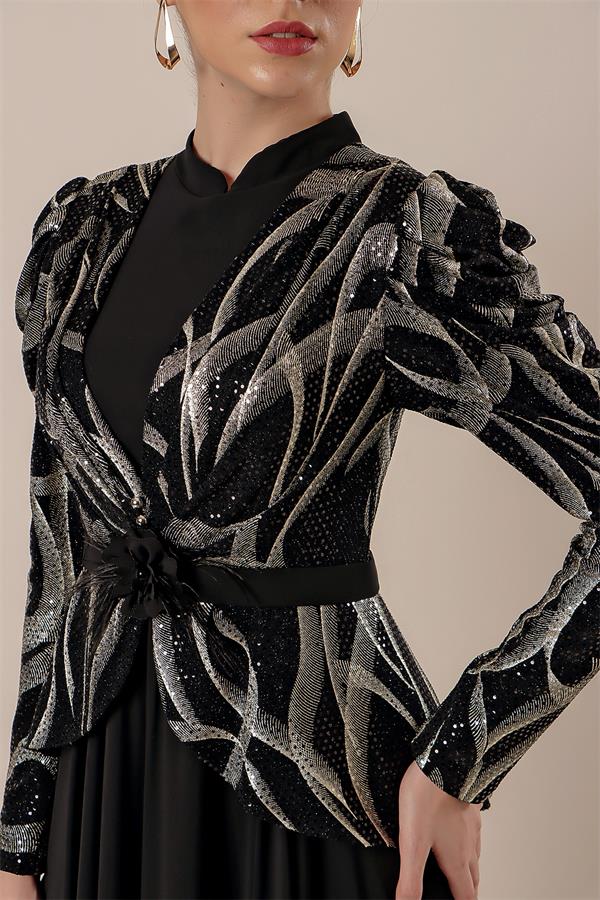 Kolları Büzgülü Güllü KEmer Detaylı Astarlı Üstü Yaldızlı Şifon Elbise