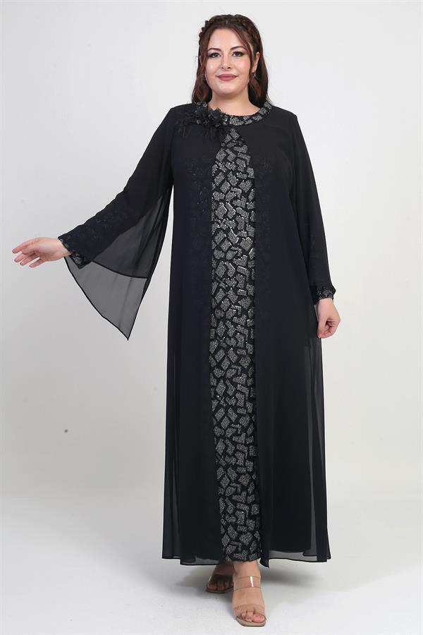 Kadın Üstü Şifon Pelerinli Pul Taş Detaylı Geometrik Desen Likralı B.B. Uzun Elbise