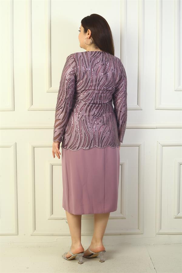 Women's Sequin and Glitter Embellished Tulle Jacket, Long-Sleeved Lined Crepe Dress, Plus Size Two-Piece Set