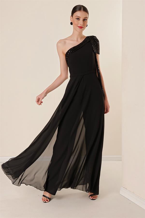 Sequin Collar One-Shoulder Chiffon Crepe Jumpsuit