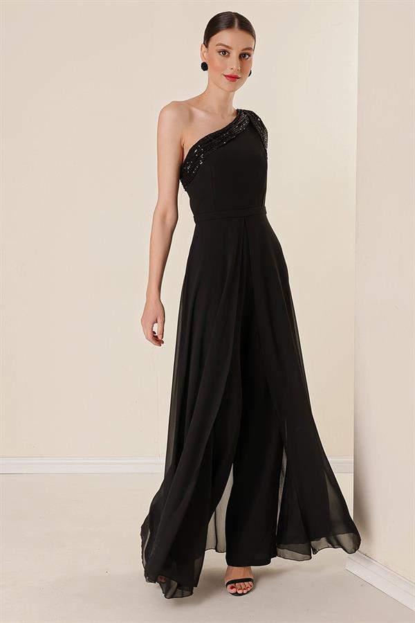 Sequin Collar One-Shoulder Chiffon Crepe Jumpsuit