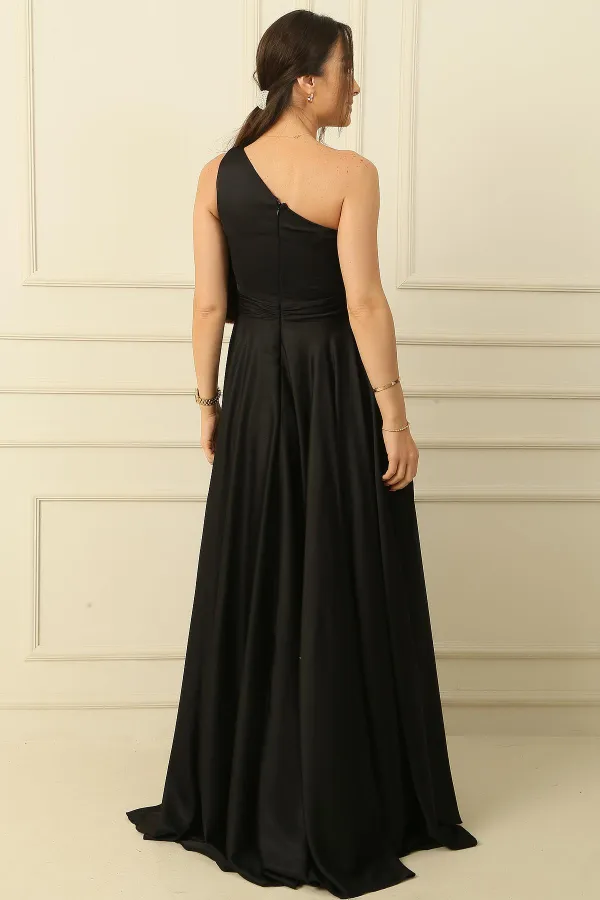 Tek Omuz Drapeli Astarlı Krep Elbise