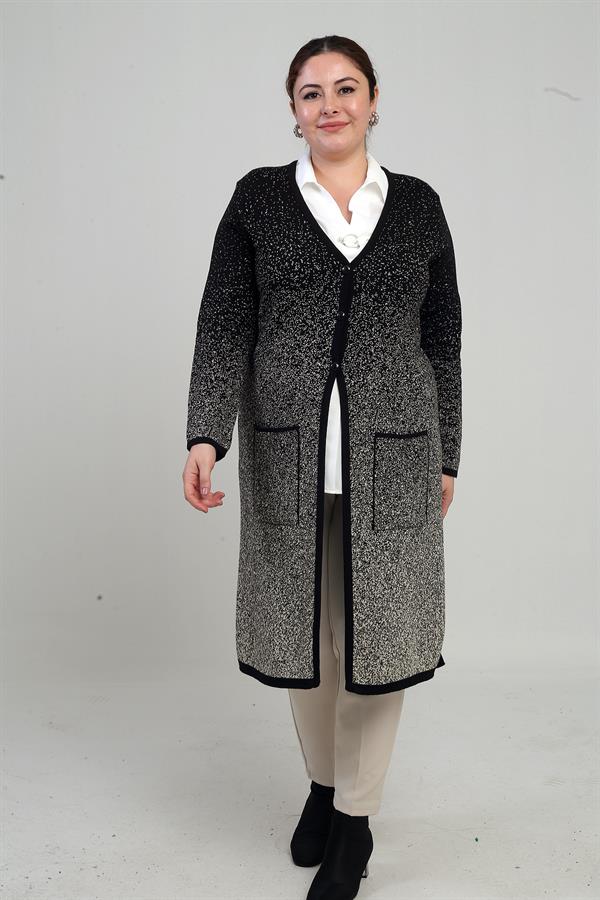 Kadın Karyağdı Desen Cepli Büyük Beden Triko Uzun Hırka