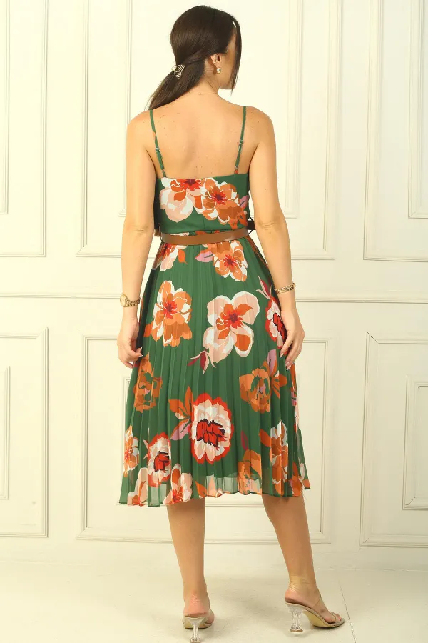 Lined Chiffon Dress with Floral Pleated Skirt and Rope Straps and Waist Belt