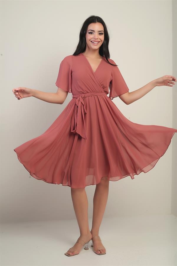 Women's Wrap Neckline Ruffled Sleeve Lined Chiffon Dress