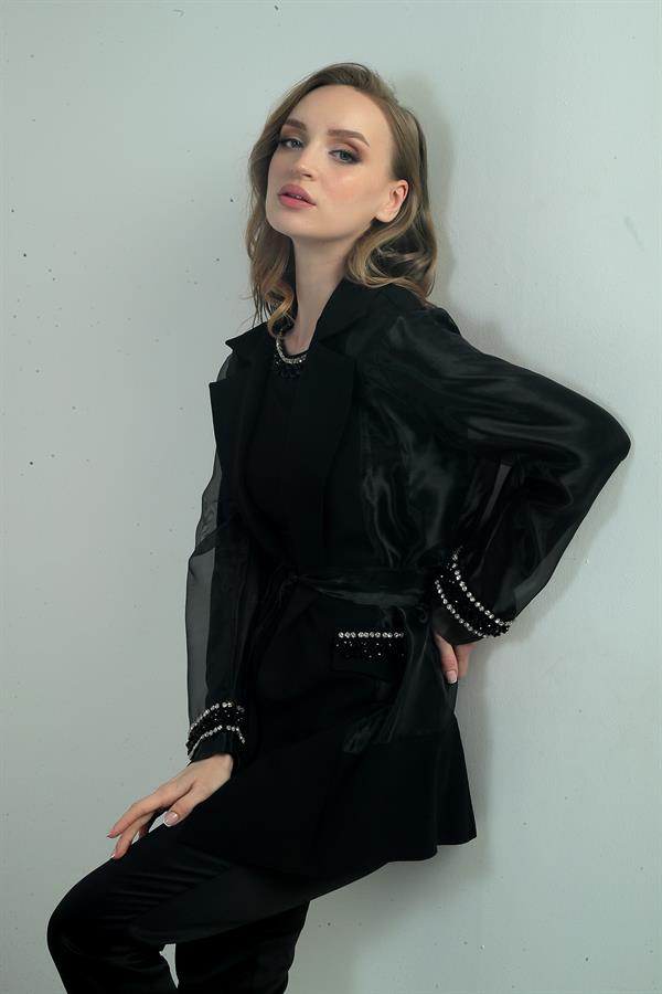 Kadın Organze Taş Boncuk Detaylı Kuşaklı Ceket Bluz 2'li Takım