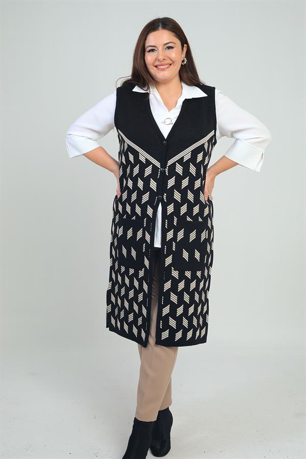 Gilet long en maille grande taille à motif géométrique et poches pour femme