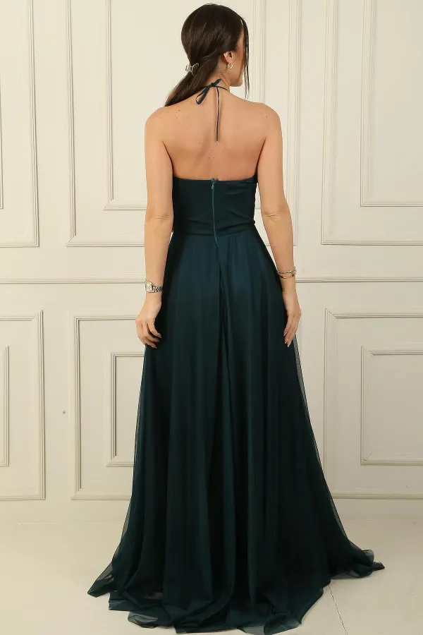 Önü Drapeli Taş Detaylı Astarlı Uzun Tül Abiye Elbise