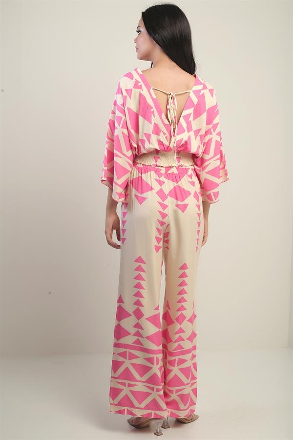 Kadın Ön Arka V Yaka Crop Bluz Beli Lastikli Cepli Palazzo Pantolon Üçgen Desen 2'li Takım