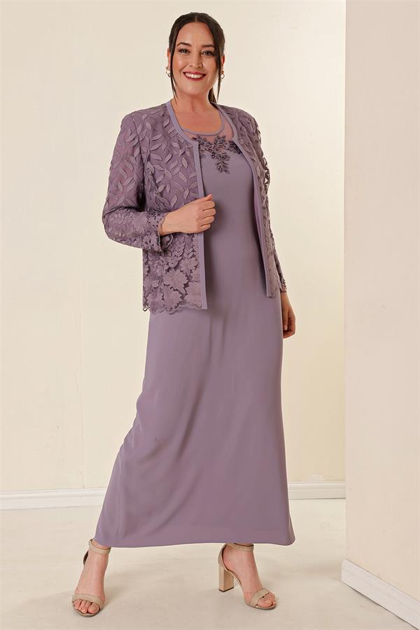 Ensemble robe et veste doublée de dentelle et de perles, grande taille, deux pièces