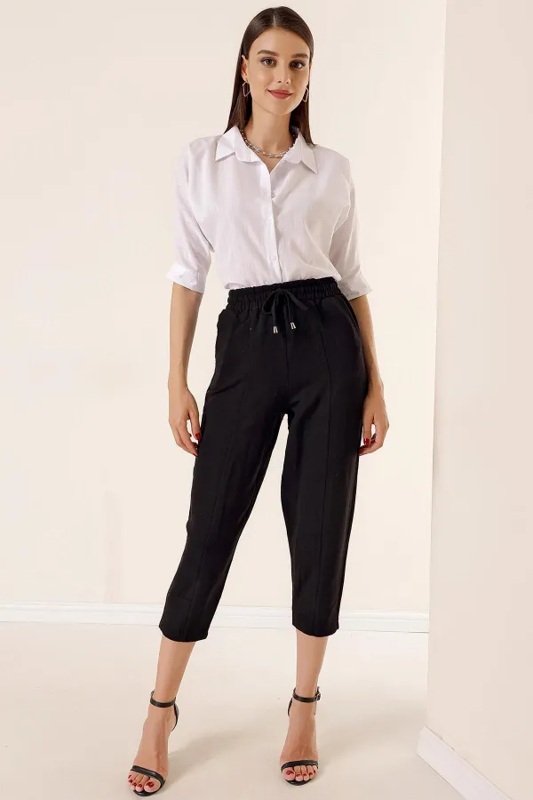 Keten Yıkamalı Beli Kuşaklı Cepli Balon Pantolon