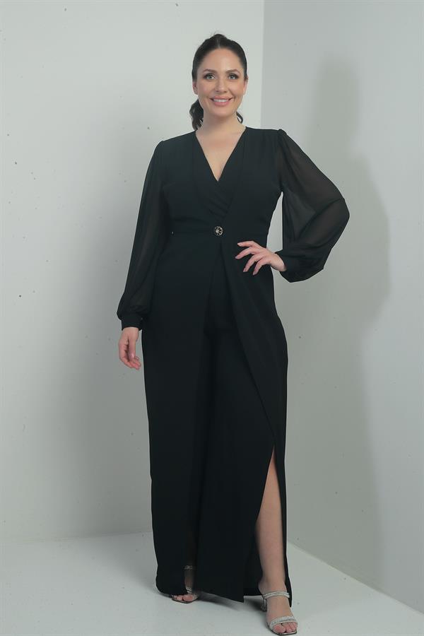 Combinaison en crêpe grande taille pour femme, col en V, fermeture à un bouton, manches en mousseline, semi-doublée