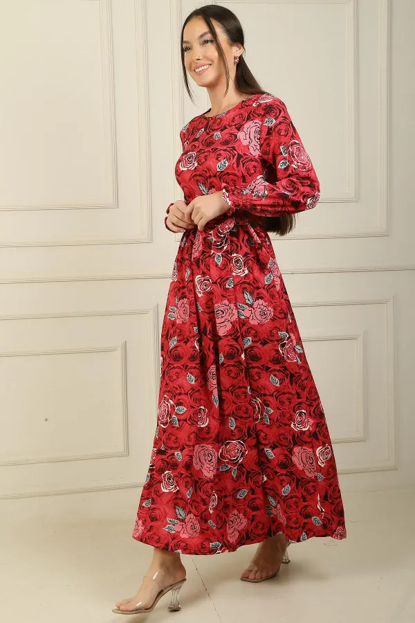 Beli Kuşaklı Gül Desenli Kol Uçları Büzgülü Gofre Uzun Elbise