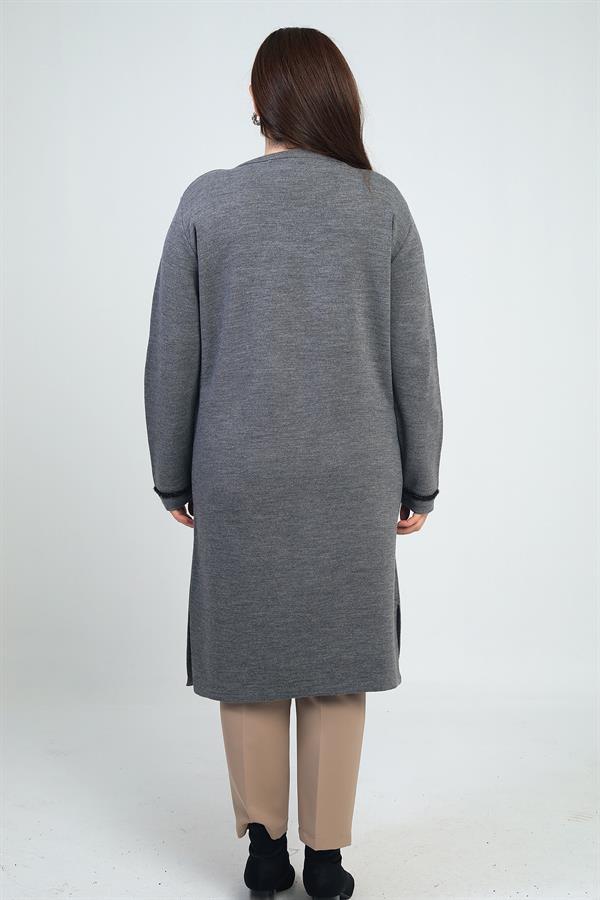 Kadın  Cepleri Şerit Detaylı Büyük Beden Uzun Triko Hırka