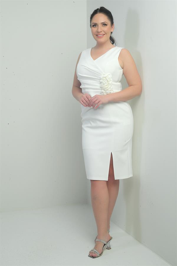 Kadın Ön Arka V Yaka Kendinden Telalı 3 Boyut Çiçek Detaylı Büyük Beden Midi Elbise