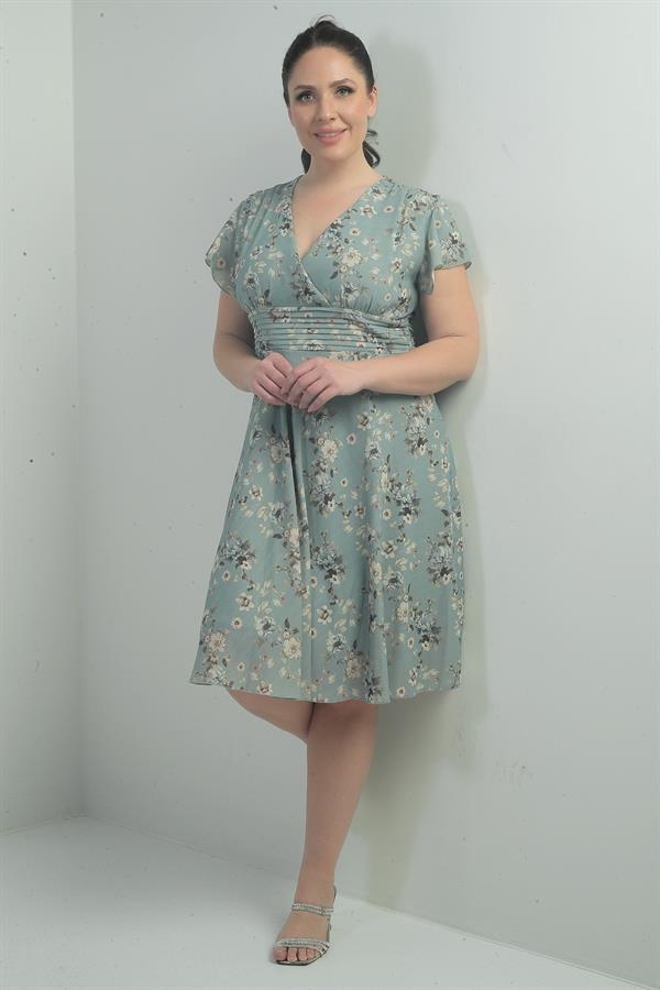 Robe en lin imprimé grande taille, doublée, col croisé, manches volantées