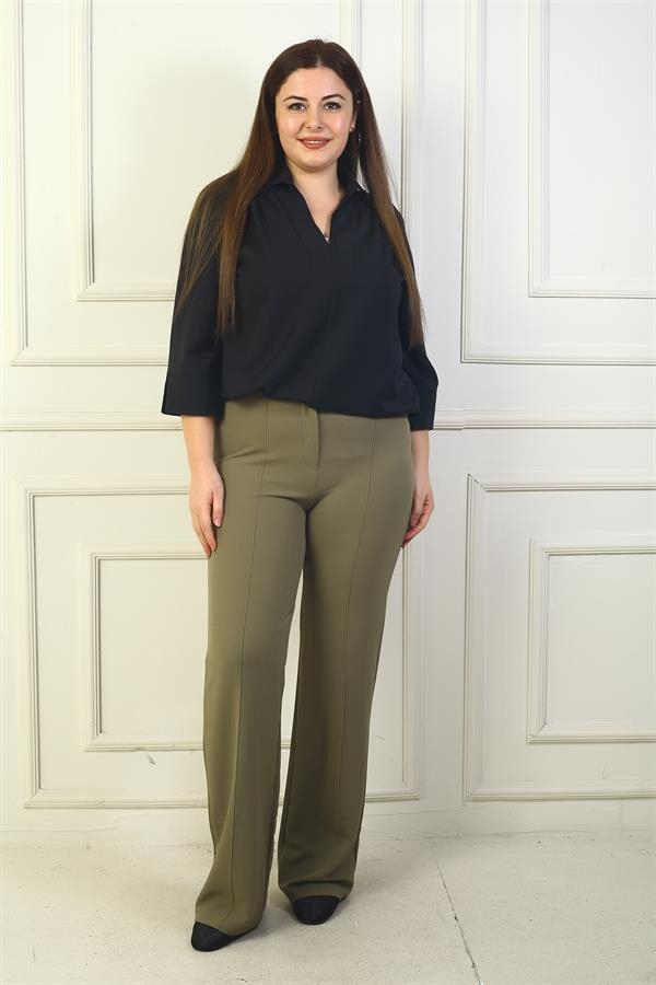 Pantalon Palazzo grande taille pour femme avec ceinture élastique et côtes