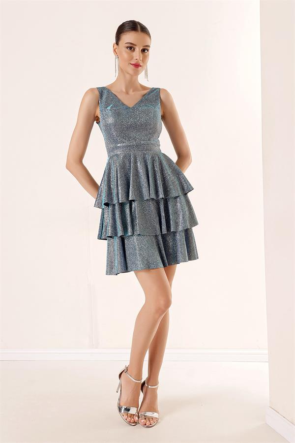 Ön Arka V Yaka Simli Katlı Elbise