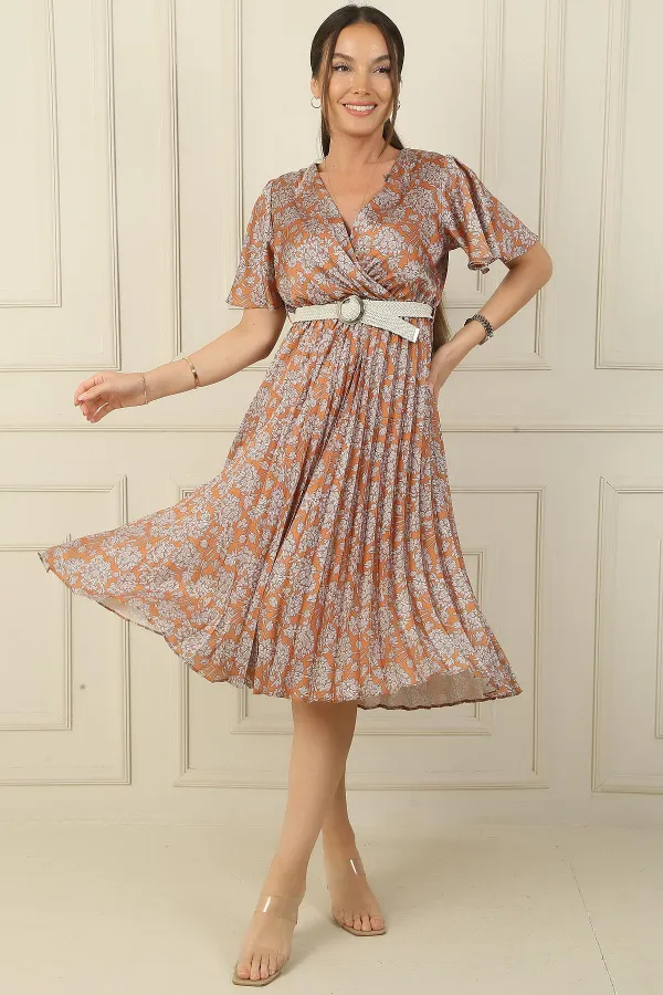 Robe en satin à fleurs plissées, col croisé, fente, manches à volants, doublée, taille ceinturée