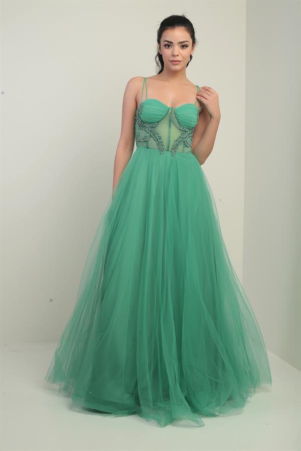 Kadın İp Askılı astarlı Göğüs Pliseli Boncuk İşlemeli Uzun Prenses Elbise