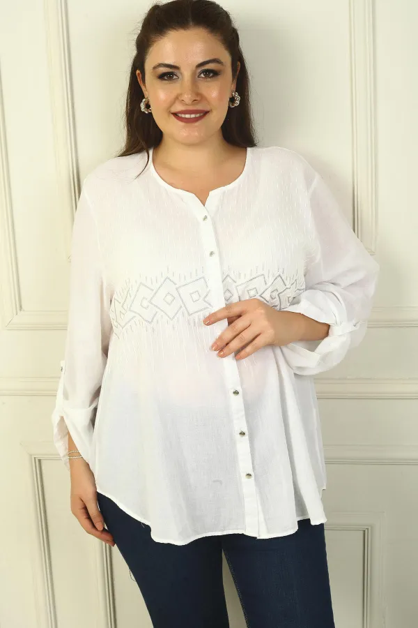 Önü Metal Düğmeli Enine Simli Geometrik Desen Kol Katlamalı Büyük Beden Yıkamalı Keten Gömlek