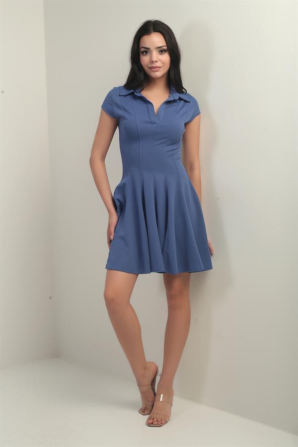 Kadın Polo Yaka Ay Kollu Likralı Kloş Kısa Elbise