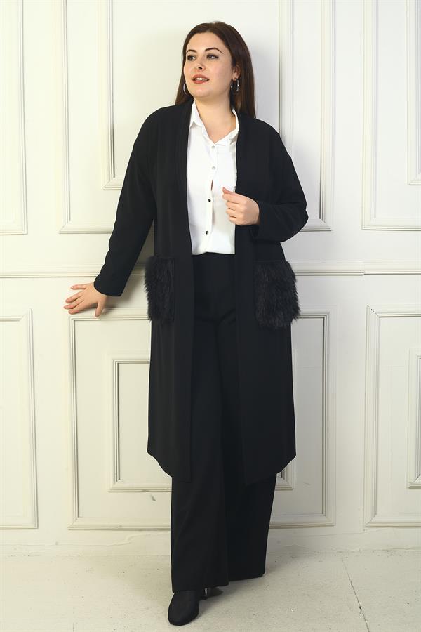 Women's Plus Size Crepe Cardigan with Fur Pockets and Side Slits