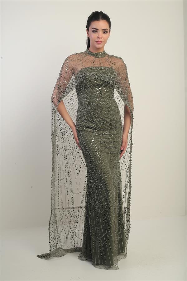 Women's Strapless Stone-Sequin Embroidered Cape-Lined Long Evening Dress