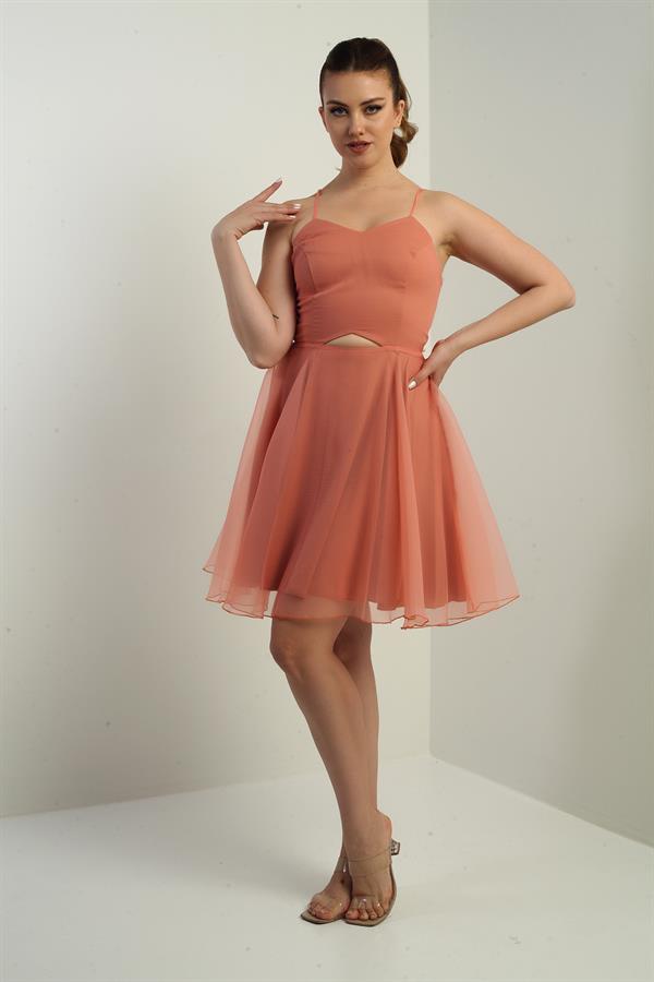 Women's Strappy Back Lace-up Front Openwork Lined Dahlia Organza Flared Short Dress