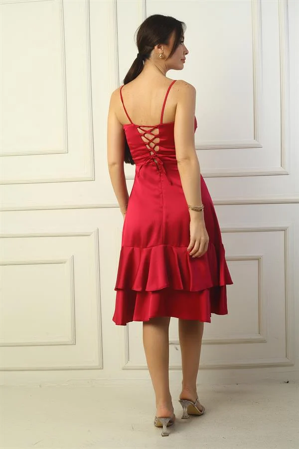 Women's Strappy Front Draped Lined Skirt with Double Ruffled Satin