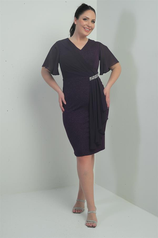 Robe courte grande taille à paillettes, manches en mousseline et ornements latéraux, doublée