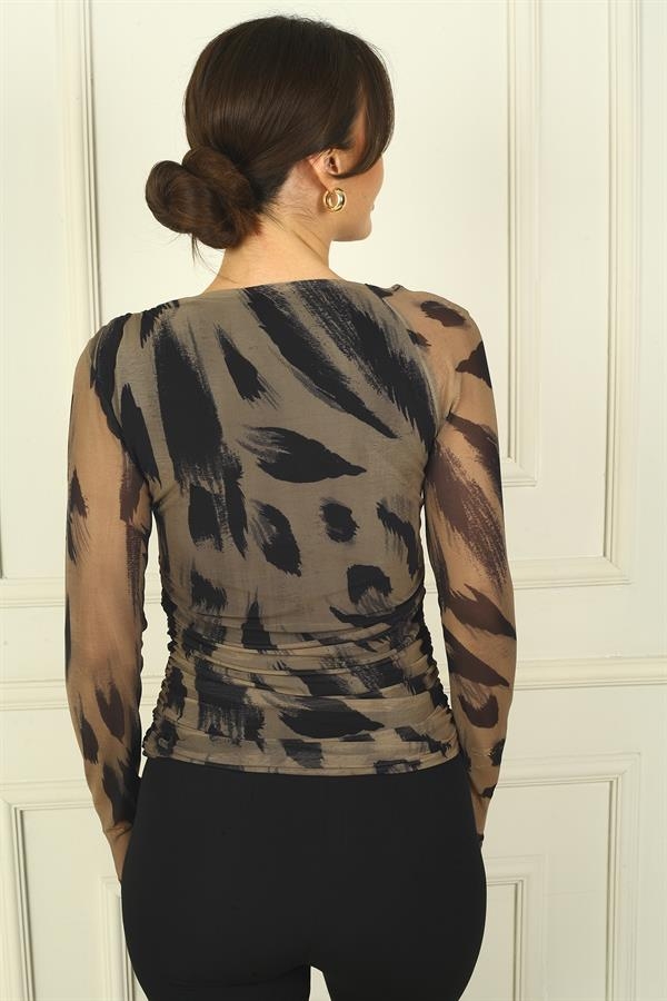 Women's Asymmetrical Collar Gathered Waist Leopard Pattern Tulle Blouse