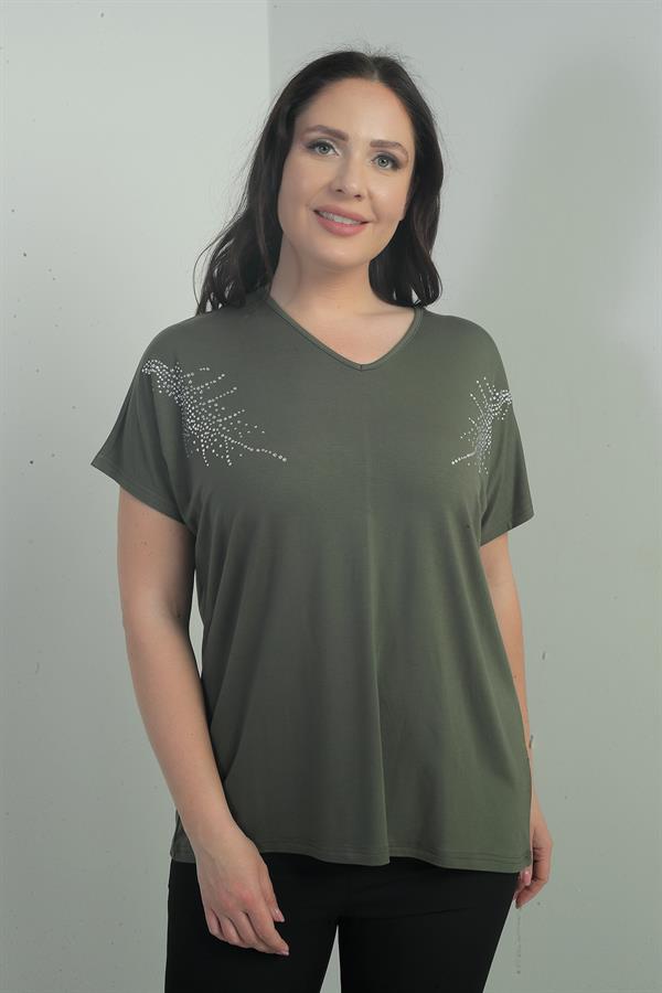 Kadın Omuzu Taş Baskılı V Yaka Yarasa Kol B.B. Bluz