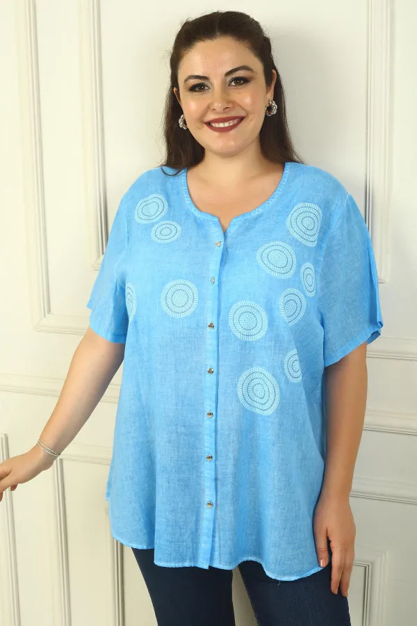 Daire Desenli Metal Düğmeli Yıkamalı Kısa Kol Büyük Beden Gömlek