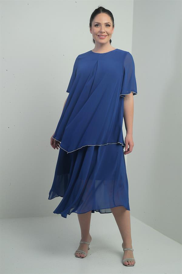 Robe midi en mousseline doublée à manches courtes à volants pour femme, grande taille, ornée de pierres