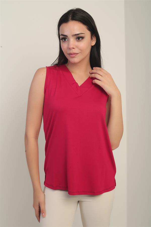 Kadın V Yaka Kolsuz Likralı Bluz