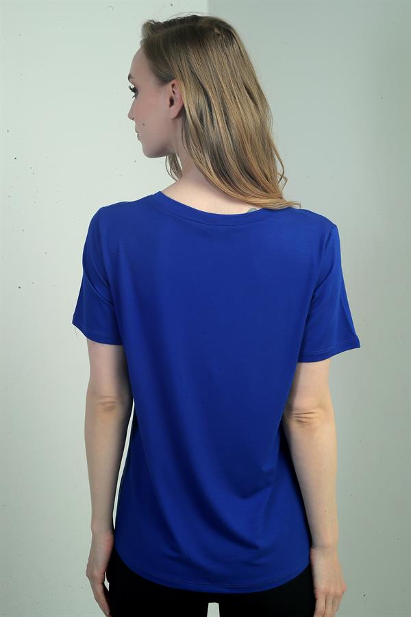 Kadın Yakası Simli V Yaka Kısa Kol Bluz