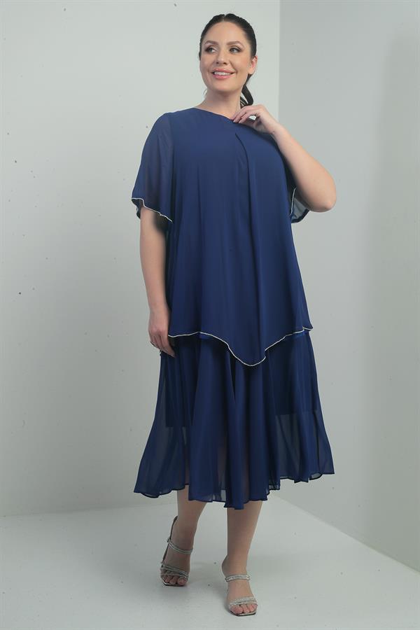 Robe midi en mousseline doublée à manches courtes à volants pour femme, grande taille, ornée de pierres