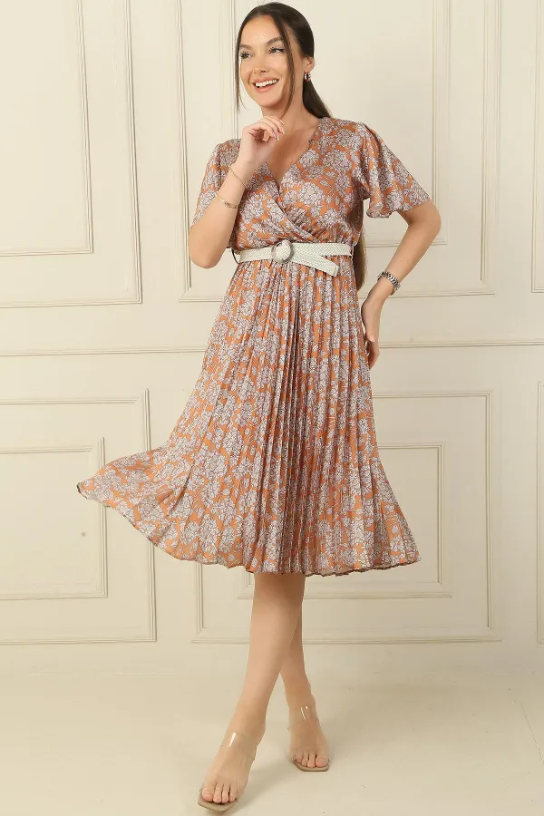 Robe en satin à fleurs plissées, col croisé, fente, manches à volants, doublée, taille ceinturée