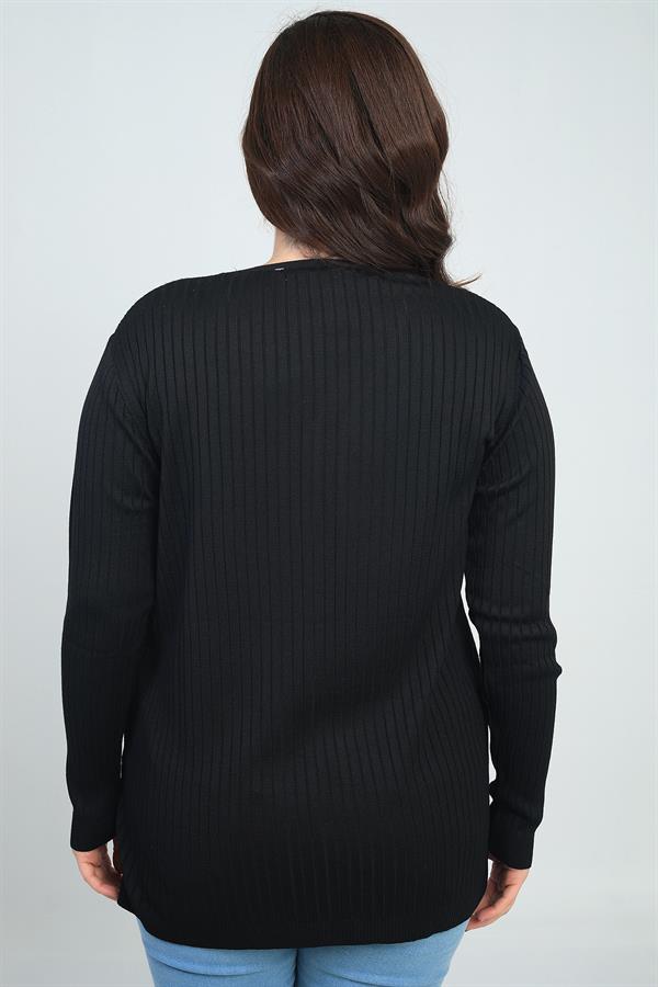 Kadın V Yaka Önü Şeritli Fitilli Soğuk İplik Büyük Beden Triko Bluz