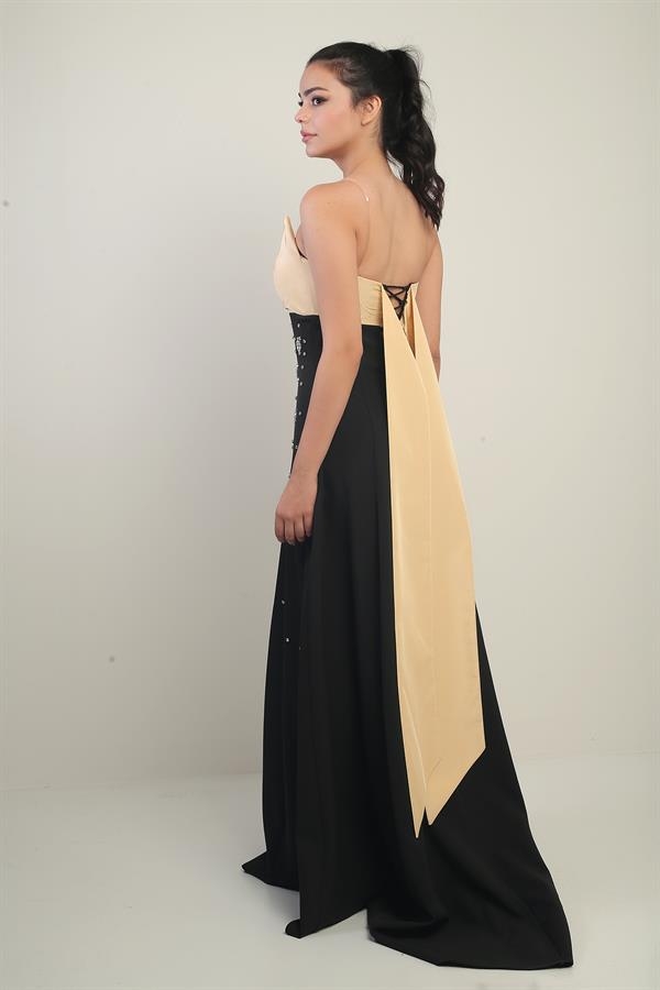 Kadın Tafta Üst Straplez Dubble Taş Yapıştırma Kloş Uzun Elbise