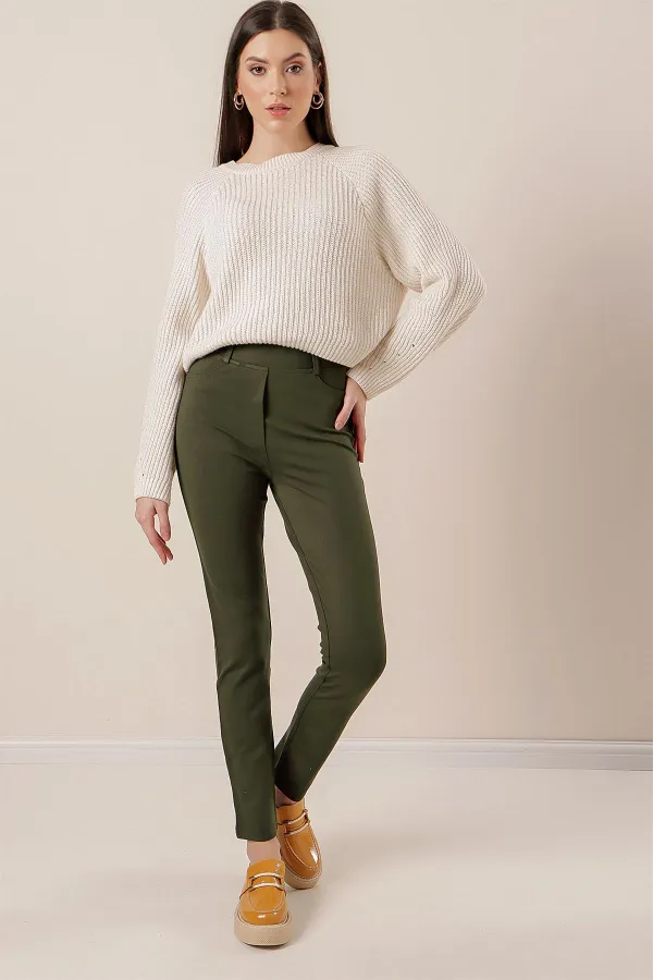 En Boy Likralı Önü Sahte Cepli Pantolon