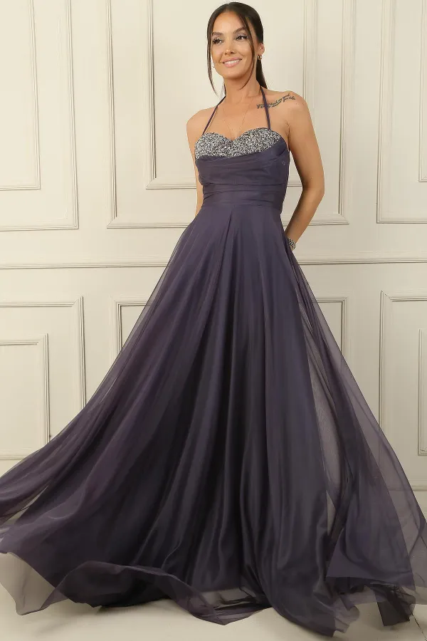 Önü Drapeli Taş Detaylı Astarlı Uzun Tül Abiye Elbise